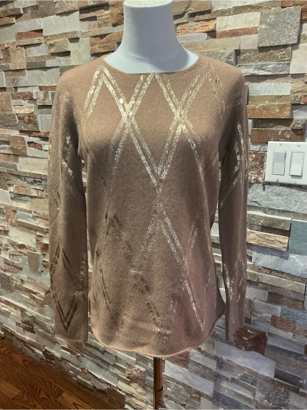 Amina Rubinacci Italy Cashmere Sweater Tan Cold Metallic Argyle